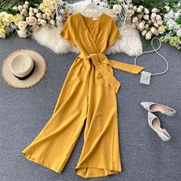 Women's Summer Jumpsuit Solid Colour V-neck Short-sleeved Wide-leg Pants with Waistband Fashion GX030 210507