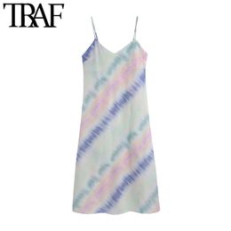 TRAF Women Chic Fashion Tie-dye Soft Touch Midi Dress Vintage V Neck Adjustable Thin Straps Female Dresses Vestidos 210415