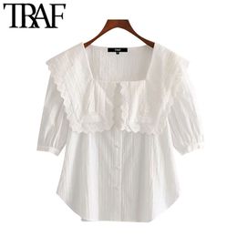 TRAF Women Sweet Fashion Cutwork Embroidery Blouses Vintage Peter pan Collar Short Sleeve Female Shirts Chic Tops 210415