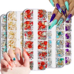 nail design with rhinestones Australia - Nail Art Decorations 12 Grids Mixed Colorful Rhinestones For Nails 3D Crystal Metal Shiny Charm Ar Design Manicure Diamonds Decals