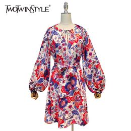 Hit Color Mini Dress For Women O Neck Long Sleeve High Waist Print Vintage Dresses Female Fashion Clothing 210520