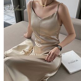 Summer Women Slip Satin Maxi Silk Shiny Backless Elegant Long Party Dress 210415