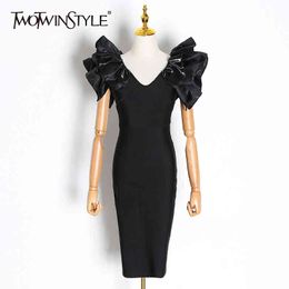 TWOTWINSTYLE Patchwork Ruffle Slim Dress For Women V Neck Short Sleeve High Waist Slim Midi Dresses Female Summer Fashion 210517