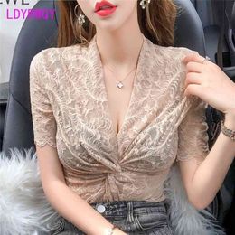 LDYRWQY summer Korean version of sexy twisted lace with deep v-neck crossover fashion chiffon shirt 210416