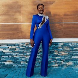 Royal Blue 2021 Jumpsuit Prom Dresses High Neck Long Sleeve Satin Outfit Evening Party Gowns Floor Length Trouse Cocktail Dress