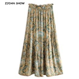 Bohemian Feather Floral Print Wide leg Pants Holiday Women Ruffles Elastic Waist Full length Skirt Loose Trouses 210429