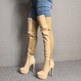 Handmade Ladies High Heels Over Knee Boots Real Photos Patchwork Sexy Platform Party Prom Thigh-high Boots Evening Club Fashion Winter Shoes D454