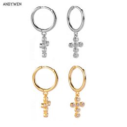 ANDYWEN 925 Sterling Silver Corss Zircon Drop Earring Women Circle Jewelry Round CZ Crystal Luxury Piercing Pendiente 210608