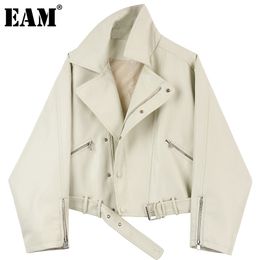 EAM] Black Zipper Pockets Fit PU Leather Short Big Size Jacket Lapel Long Sleeve Women Coat Fashion Spring Autumn 210512