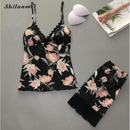 Floral Sleepwear Women Sexy Lace Pyjama Set 2020 Summer New Lounge Cute Two Piece Pyjamas V-Neck Camis Bottom Set Nightdress X0526