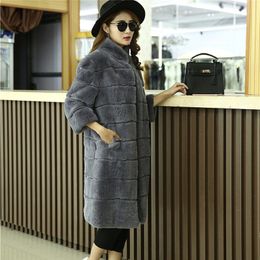grey fluffy jacket Canada - Women's Fur & Faux 90 Cm Long Rex Outwear Fluffy Striped Coat (Black,Grey,Red,Blue) Plus Size Coats Jacket Luxus
