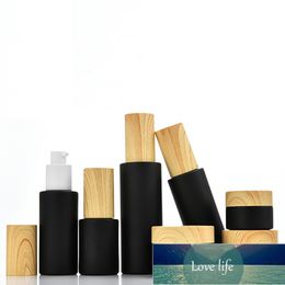 30ML~100ML Perfume Mist Spray Bottle Matte Black Refillable Cosmetic Glass Emulsion Lotion Pump With Wooden Pattern Lid