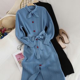 Elegant bow neckline high waist sweater dress with strap contrast color vintage lace up slit bottomed long Wool Dress 210420