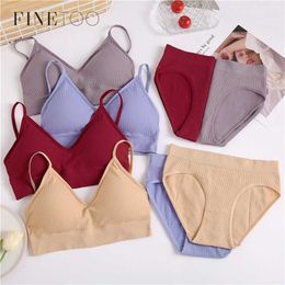 FINETOO Women Padded Bra Panties Set Soft Backless Tops Wireless Bras Set Seamless Underwear Women Lingerie Set Fitness Top S-XL 211104