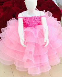 2021 Sheer Neck Pink Flower Girl Dresses Hand Made Flowers Beaded Tiers Tulle Lilttle Kids Birthday Pageant Weddding Gowns