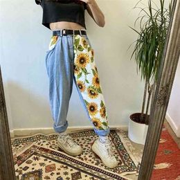 Trend Sunflowers Printed Light Blue Jeans fit women young Girls soft denim long pant patchwork Harem hight waist jeans 210809