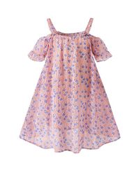 Toddler Girls Floral Cold Shoulder Flounce Sleeve Dress SHE