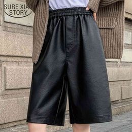 Fashion PU Leather High Waist Autumn Winter Short Pants Women Pockets Loose Wide Leg Black Shorts Mujer 12238 210415