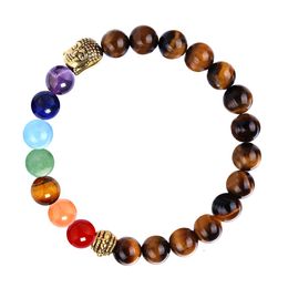 Gu Jin Buddhist Buddha Head Yoga Reiki Energy Stone Seven Pulse Wheel Bracelet 8mm Tiger Eye Stone 7 Chakra Bracelet