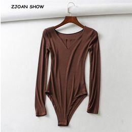 3 Colour Sexy Split V neck Long sleeve Jersey Bodysuit Woman Tight Short Jumpsuit Slim fit Rompers Playsuits High Street 210429