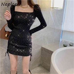 Neploe Square Collar Clavicle Exposed Sexy Dress Women High Waist Hip A Line Vestidos Temperament Dot Long Sleeve Robe Spring 210423
