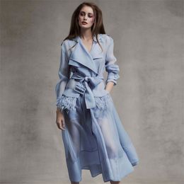 HIGH STREET Fashion Summer Designer Runway Dress Women's Elegant Perspective Feather Lacing Belt Grey Blue 210521