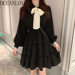 Bow Kawaii Japan Style Robes Spring A-line Pleated Lace Up Woman Dresses High Waist Mini Dress Solid 19683 210415