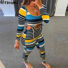 2 Piece Sets Womens Outfits Fashion Colour Stripe Strappy Long Sleeve Crop Tops and Pencil Pants Set Plus Size Sexy Club 210513