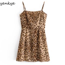 Vintage Leopard Mini Dress Women Sleeveless A-line Chiffon Summer Femme Night Out Sling Club Sexy Robe 210514