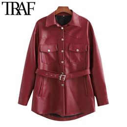 TRAF Women Fashion With Belt Faux Leather Jacket Coat Vintage Long Sleeve Pockets Female Outerwear Chic Tops 210415