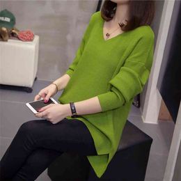 Autumn and Winter Korean casual V-neck Pullovers Sweater long sleeve Basic solid color women Loose Female knitting Tops 210812