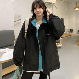 Women's Jackets Women Jacket 2021 Korean Fashion Wild Lapel Zipper Loose Black Blue Double-sided Wear Design Casual Long-sleeved