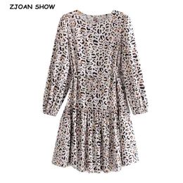 Retro Women Leopard Print Long sleeve Dress Holiday lacing up Tie Bow Waist Swing Mini Short Beach 210429