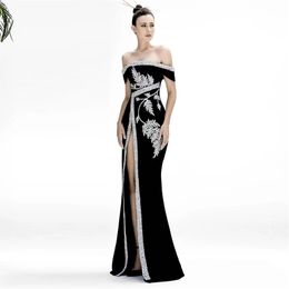 Summer Black Maxi Dress For Women Sexy Off Shoulder Luxury Sequins Split Celebrity Evening Party Club Long 210423