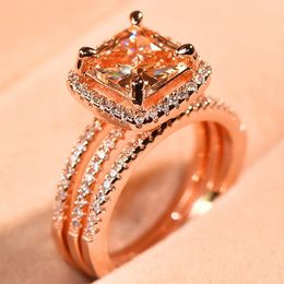 Rose Gold 3PCS/Set Square Diamond Ring Princess Engagement Rings For Women Proposal Jewellery Wedding Rings Accessory Size 6-10