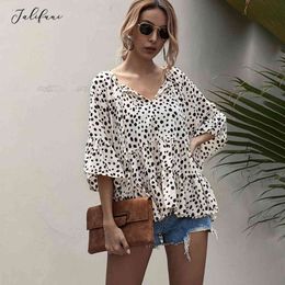 Summer Women Blouse White Dots Printed Ruffle Tops Shirts Casual Ladies Black Floral Tunic Clothing Fashion Clothes Spring 210415