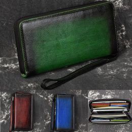 Wallets Unisex Rub Colour Clutch Handy Purse ID/s Multi-Capacity Vintage Genuine Leather Brand Wrist Long Zipper Wallet