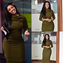 Modest Office Ladies Dinner Date Green African Dresses Autumn In Europe and America Slim Fit Bodycon Midi Length Dress for Women 210527