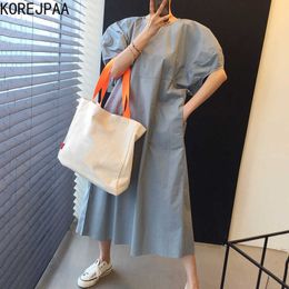 Korejpaa Women Dress Summer Korean Chic Minimalist French Elegant Temperament Round Neck Loose Casual Puff Sleeve Vestidos 210526