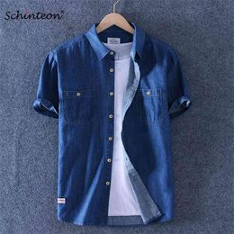 Schinteon Summer Men 100% Slub Cotton Shirt Short Sleeve Thin Slim Casual Denim Comfortable Two Front Pockets 210626