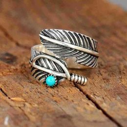 Retro Silver Colour Turquoise Rings For Men And Women Vintage Feather Green Agate Ring Jewellery Adjustable Opening Cocktail R H1L9 G1125