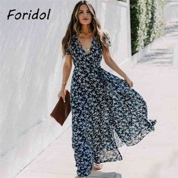 Foridol Short Sleeve Bohemian Dress Women Floral Print Maxi Long Elegant Vintage New Harajuku 210415