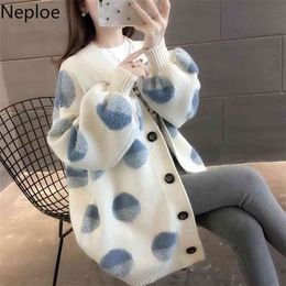 V Neck Print Cardigans Single Breasted Lantern Sleeve Women Sweater Autumn Winter Clothes Oversized Outwear 210422