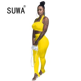 Women Two Piece Outfits Spaghetti Strap Crop Tops Tank High Waist Pencil Pants Trousers Sexy Club Matching Sets Wholesale 210525