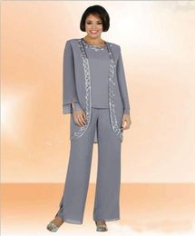 New Design Cheap 2022 Chiffon Jewel Long Mother Of The Bride Pant Suits With Jacket Embroidery Formal Suits Custom Made