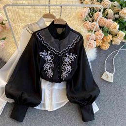 Spring European American Blouse Female Stand-up Collar Puff Sleeve Embroidered Blusa with Suspender Chiffon Shirt C191 210506
