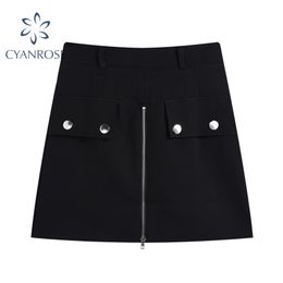 Black Streetwear Women's Crop Skirt A-Line High Waist Zipper Pocket Mini Wrap Skirts Female Party Club Bar Elegant Sexy Clothes 210417