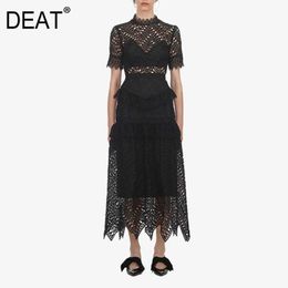 [DEAT] Summer Fashion Stand-up Collar High Waist Hollow Out Short Sleeve Solid Color Loose Dress Women 13D201 210527