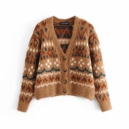 Vintage Women Brown Print Sweater Coats Fashion Ladies V-Neck Knitted Tops Streetwear Female Chic Loose Cardigan 210427