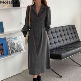 Twisted Notched Collar Women Long Dress Full Sleeve Single-breasted Office Ladies Korean Elegant Fashion Vestidos Femme 210513